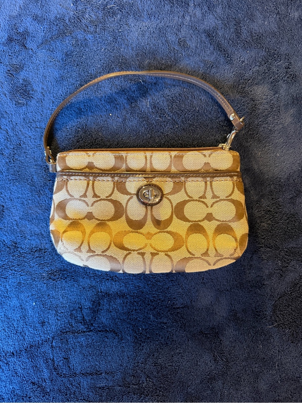 Coach Brown Signature Canvas Wristlet with Turn-Lock